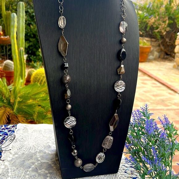 Vintage Jewelry - Vintage 80’s Long Zebra & Gunmetal Disco Necklace